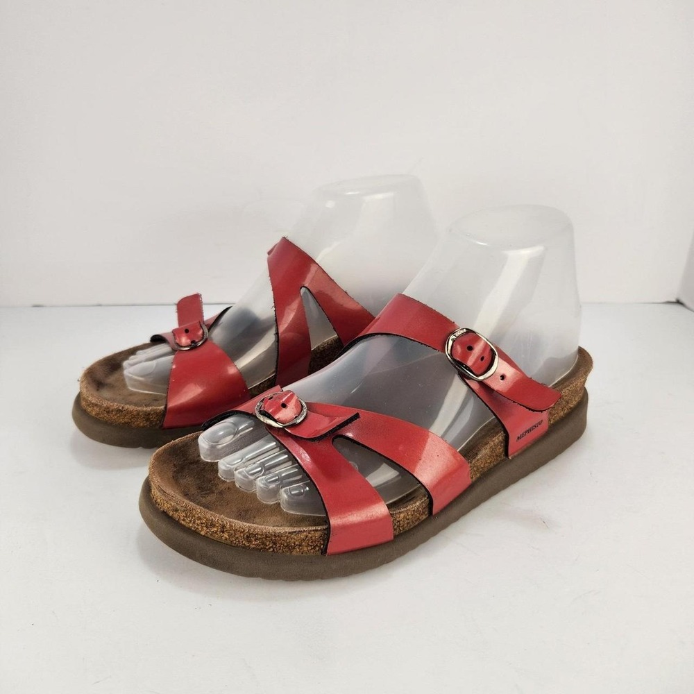 Mephisto Women's Size 37 Red Leather Strappy Sandals Buckle Comfort Cork Footbed
